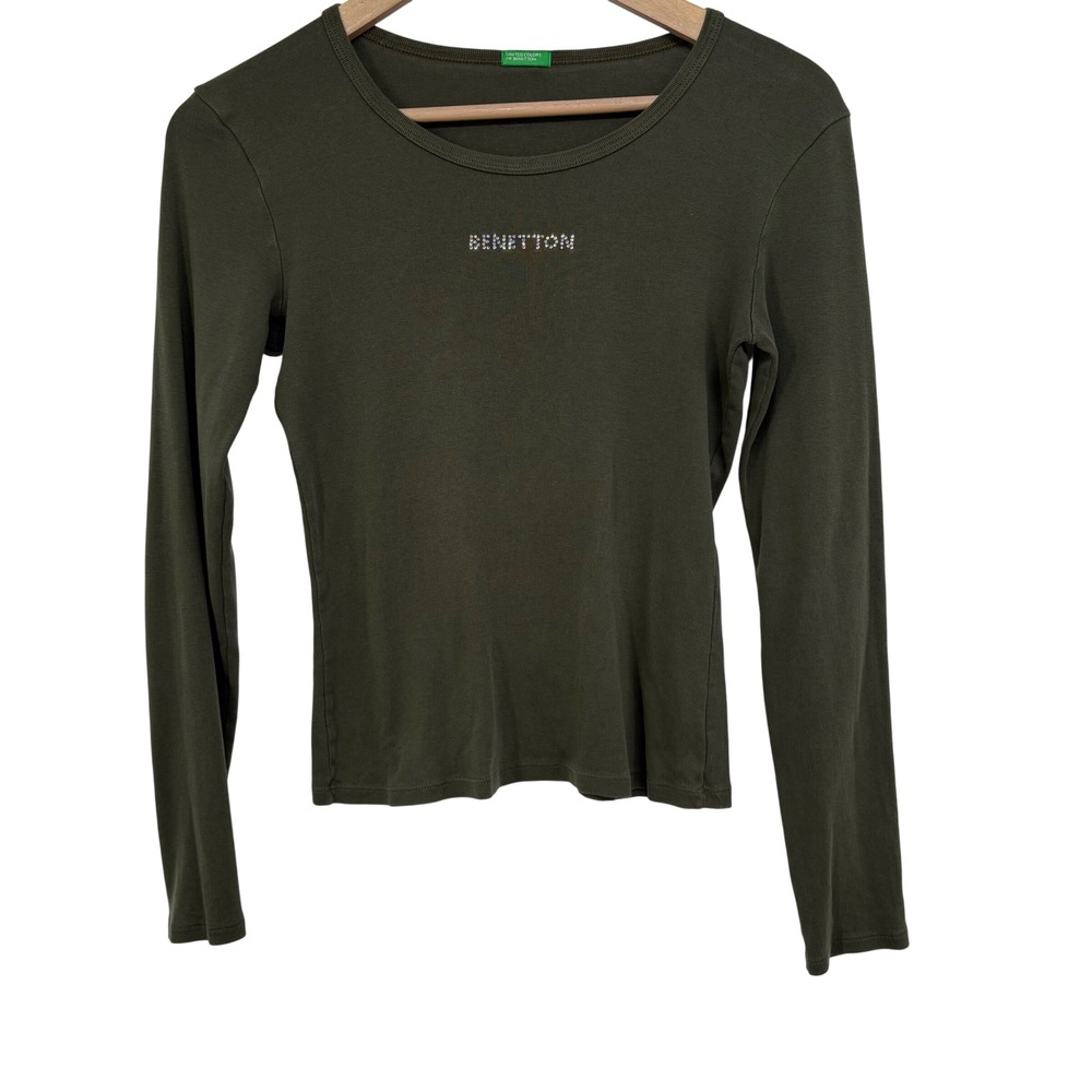 Y2K United Colors of Benetton Olive 90s Rhinestone Logo Long Sleeve Top Slim M